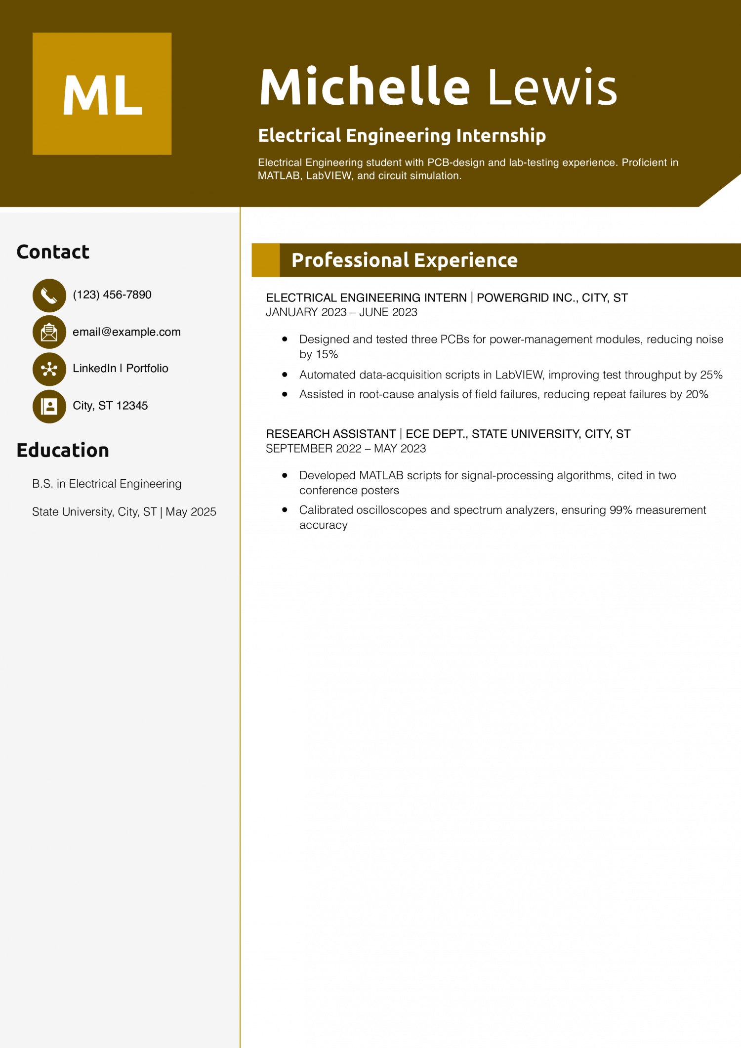 Electrical Engineering Internship Resume Example
