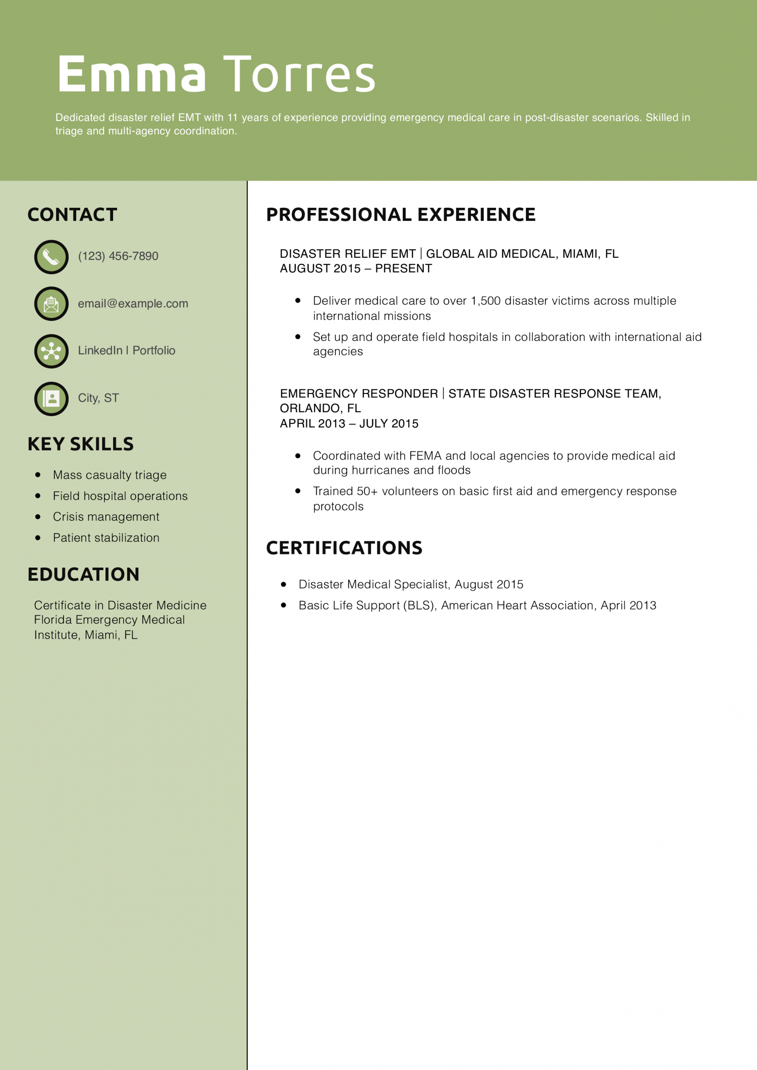 Disaster Relief EMT Resume Example