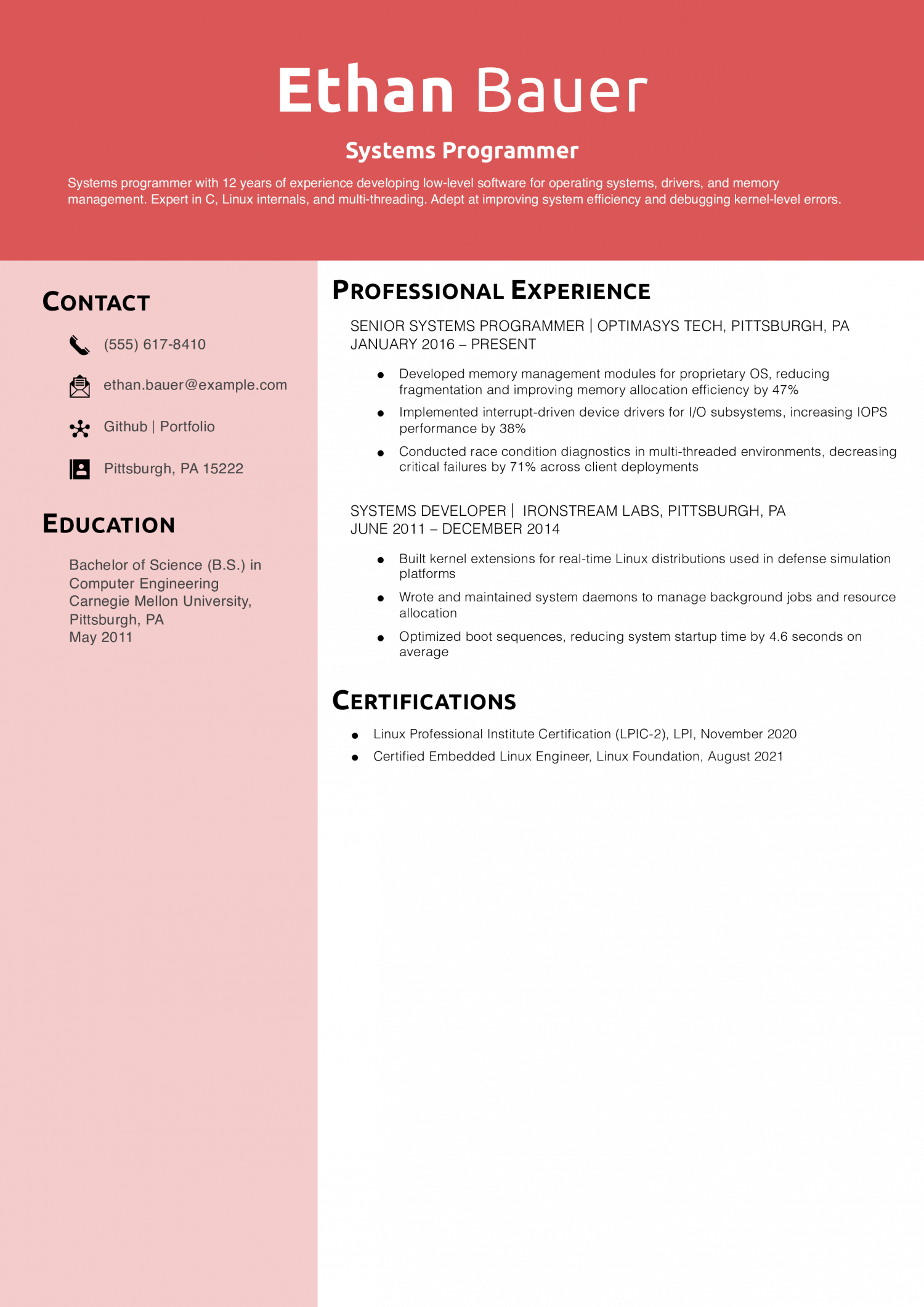Systems Programmer Resume Example
