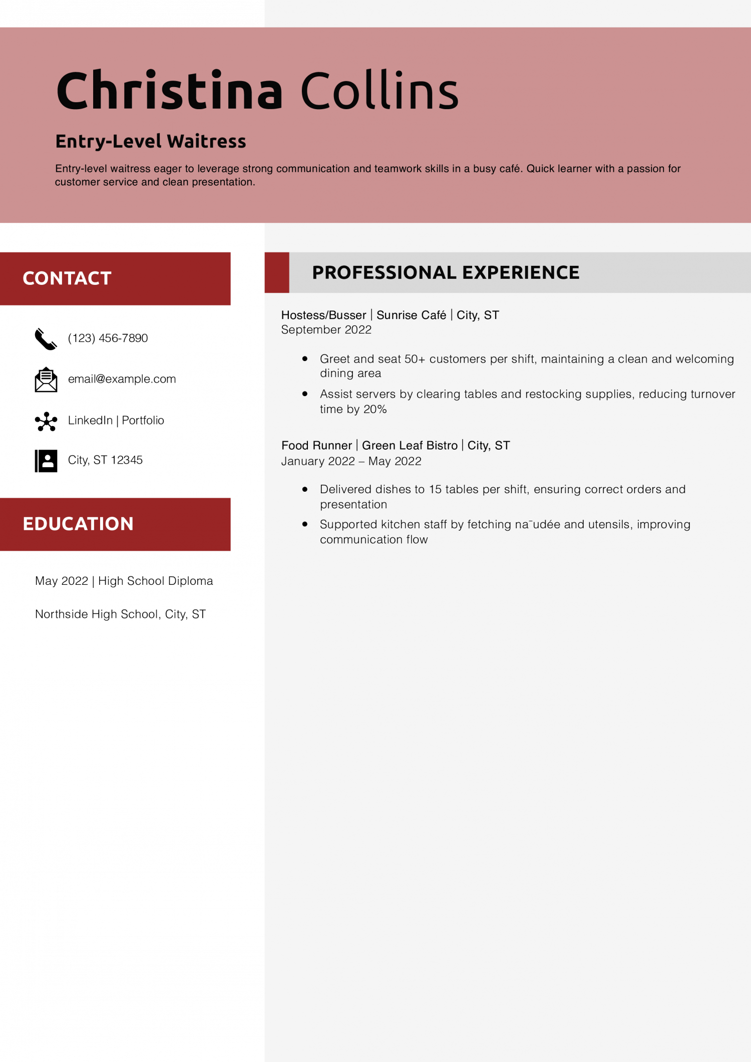 Entry-Level Waitress Resume Example