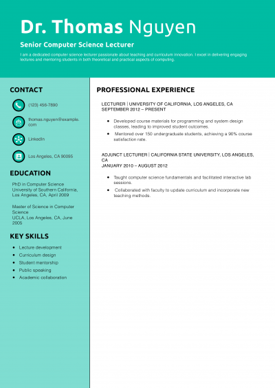 Senior Computer Science Lecturer Resume Example
