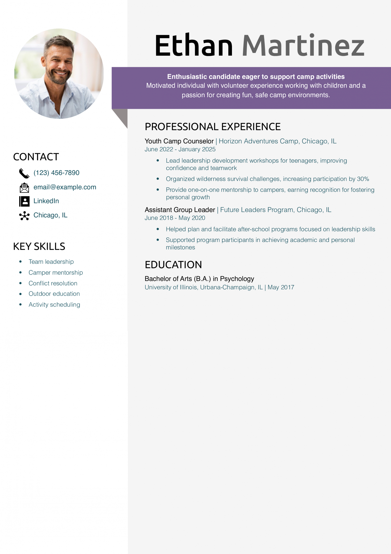 Youth Camp Counselor Resume