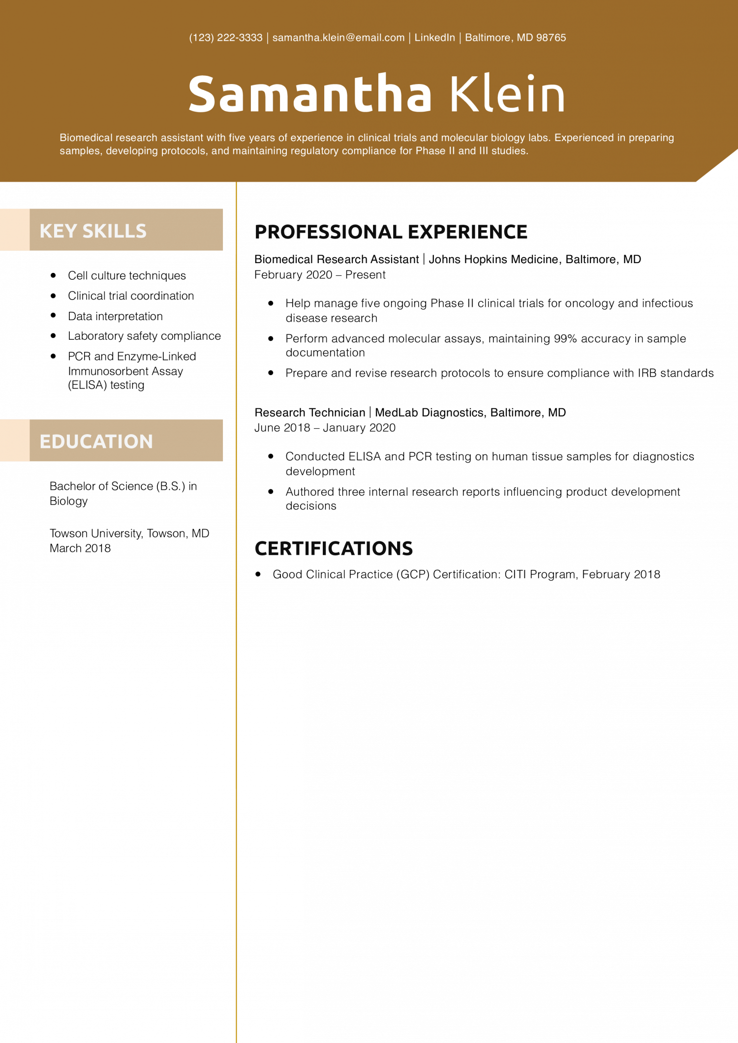 Biomedical Research Assistant Resume Example