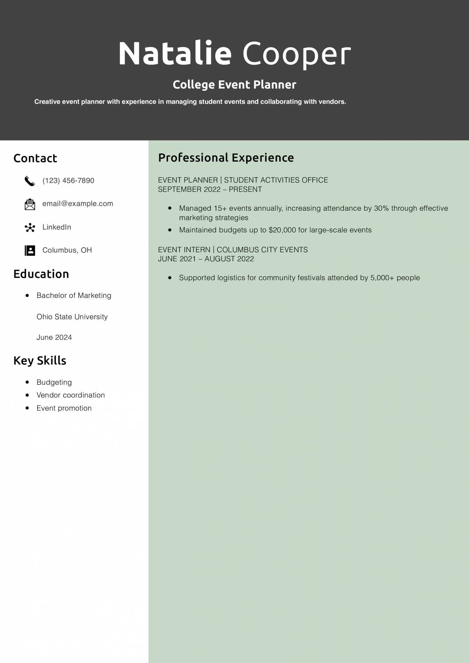 College Event Planner Resume Example