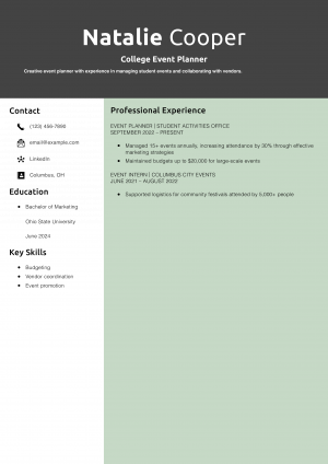College Event Planner Resume Example
