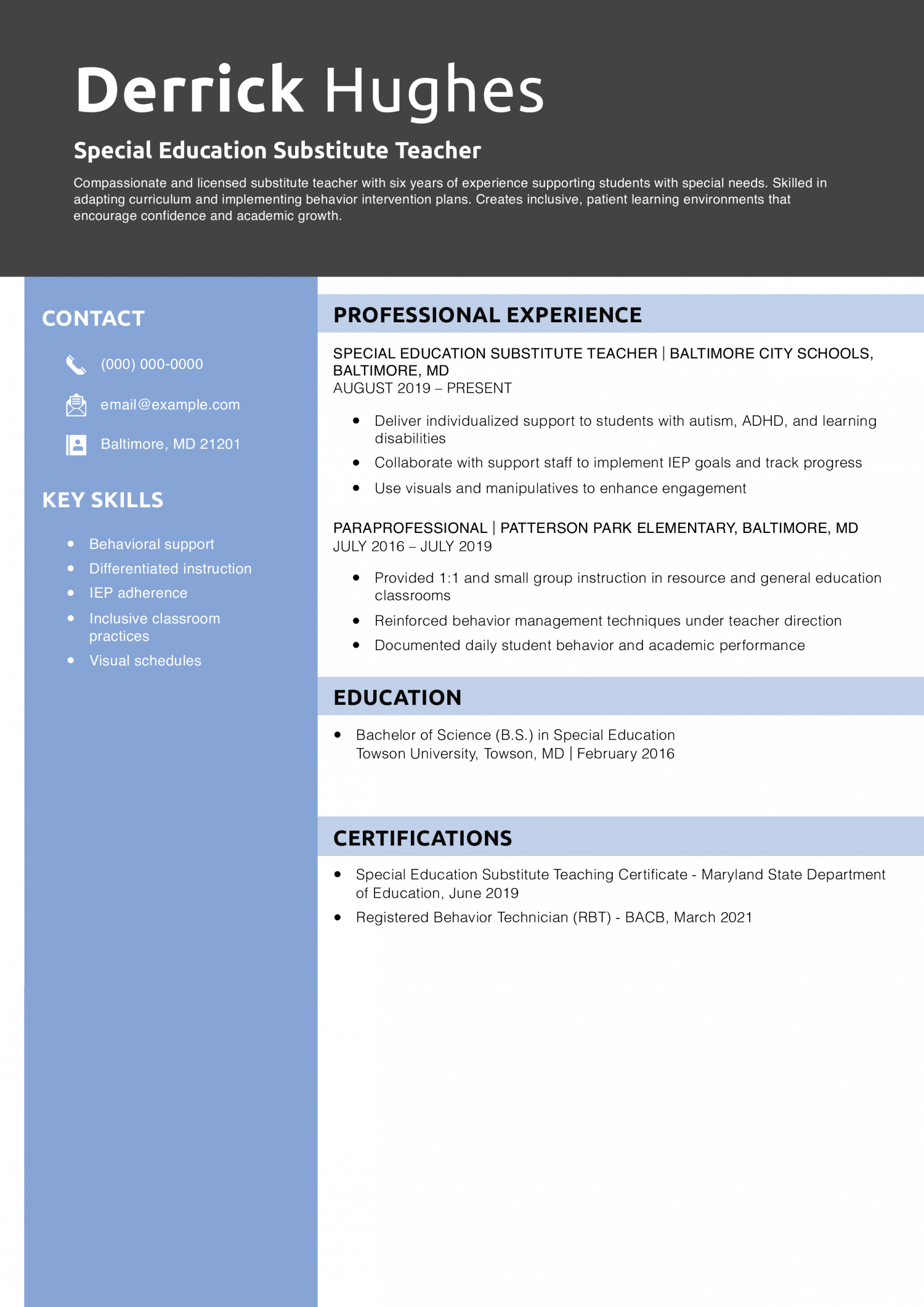 Special Education Substitute Teacher Resume Example