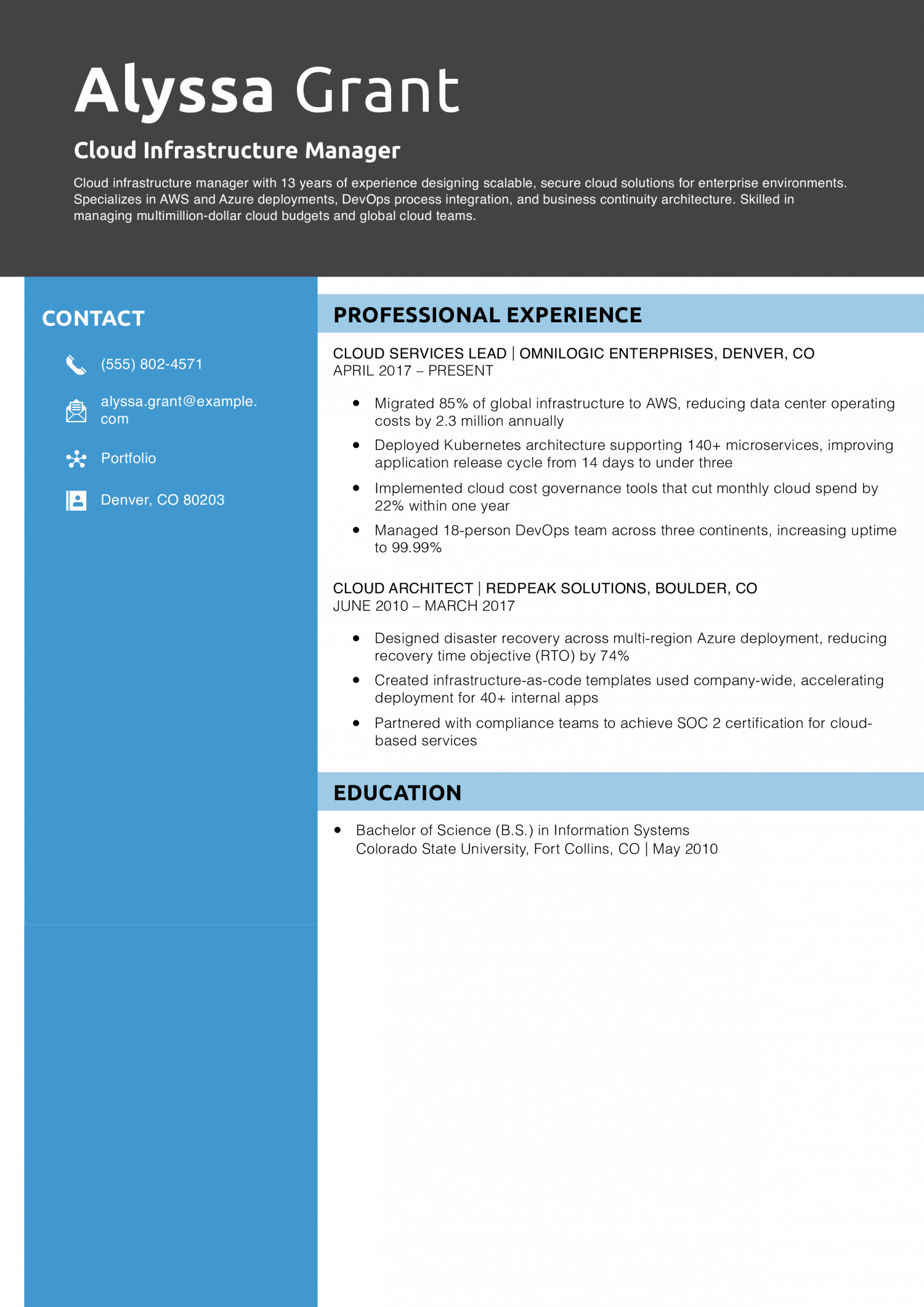 Cloud Infrastructure Manager Resume Example