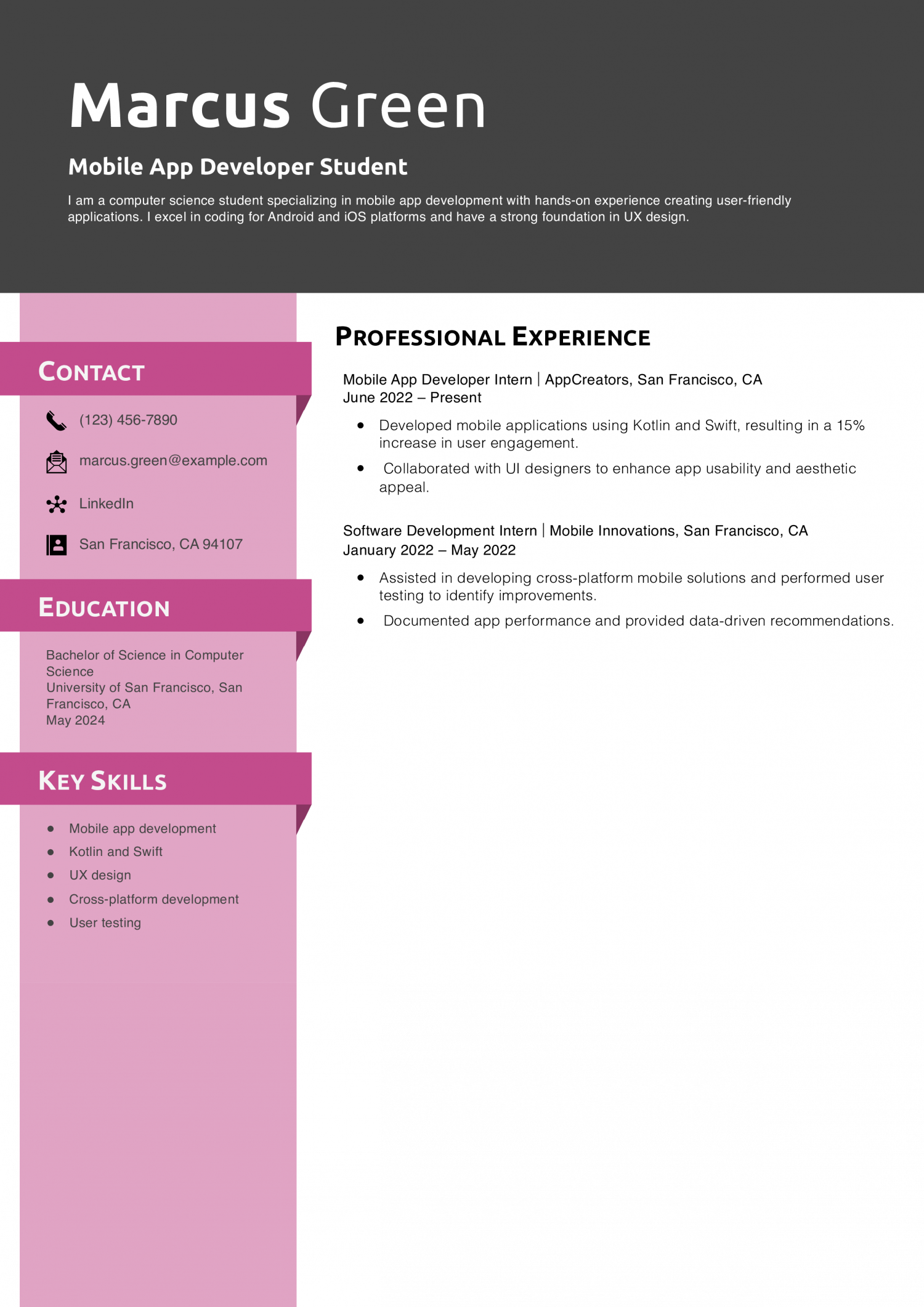 Mobile App Developer Student Resume Example