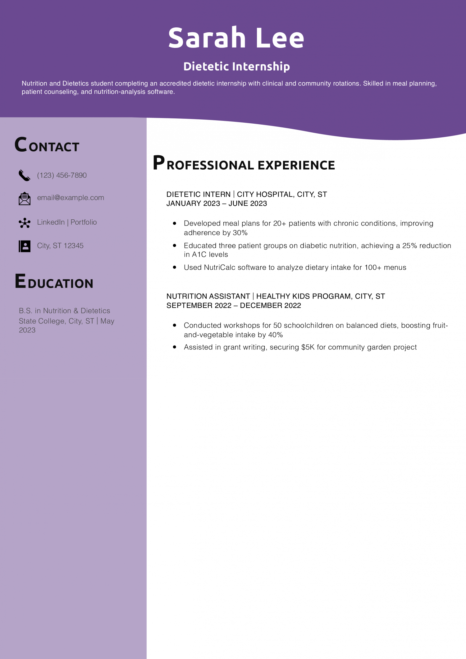 Dietetic Internship Resume Example