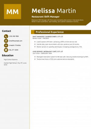 Restaurant Shift Manager Resume Example