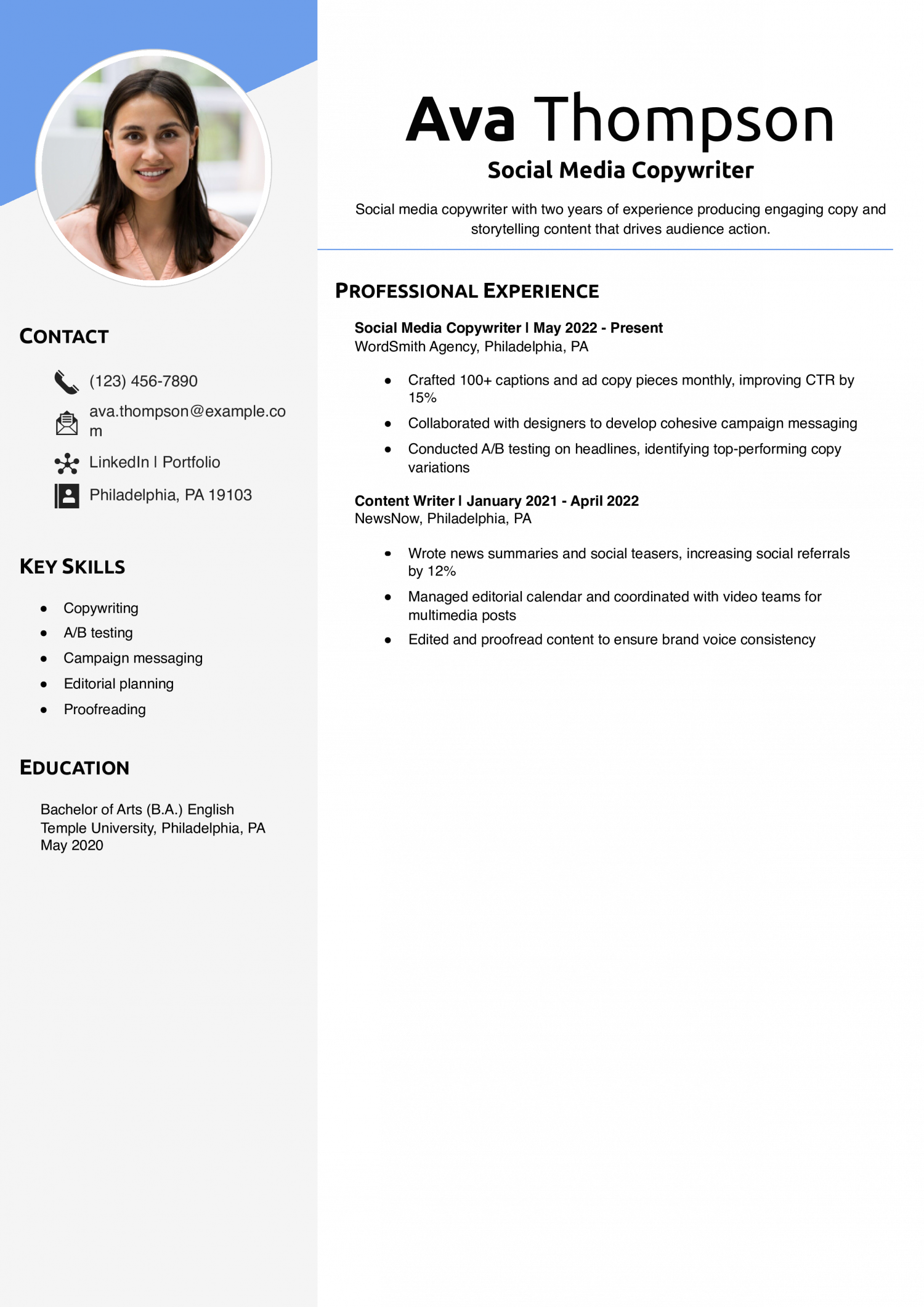 Social Media Copywriter Resume Example